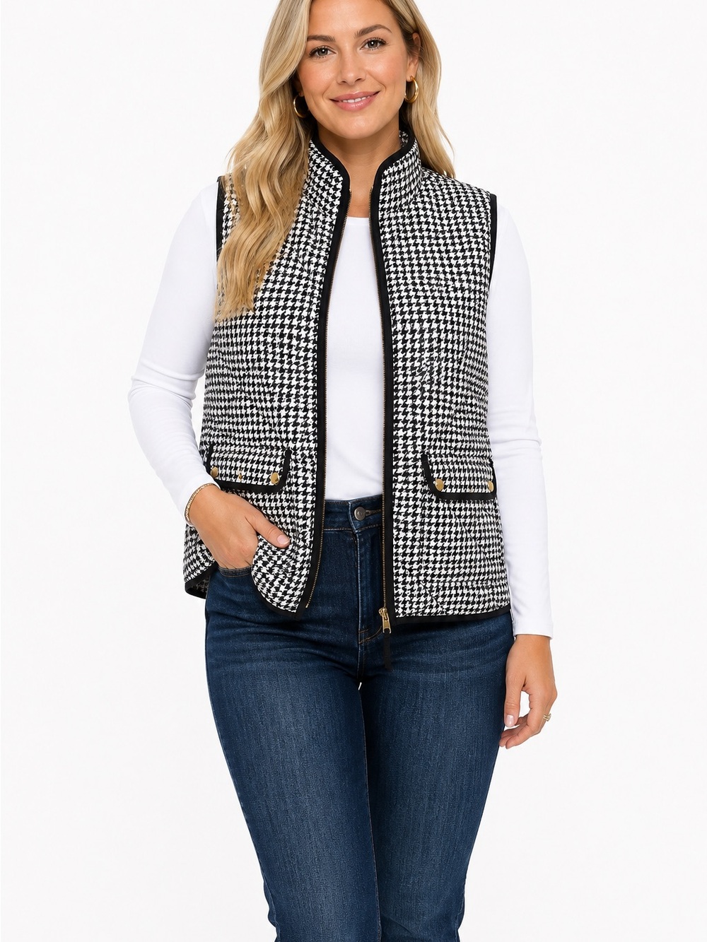 J. Crew Blogger Favorite Black & White Houndstooth Quilted Vest XS Preppy Fall